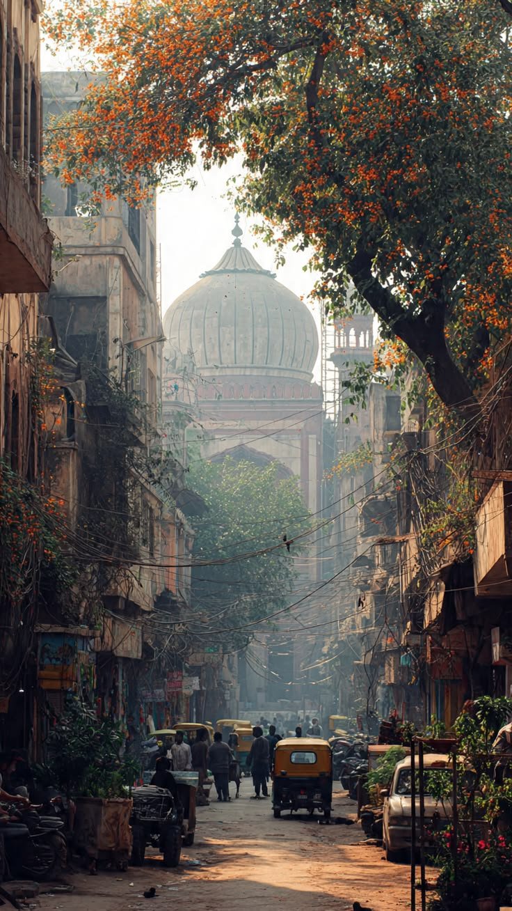 Atmospheric Old Delhi street with historic architecture