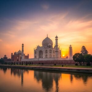Taj Mahal at sunrise during a private tour from Delhi